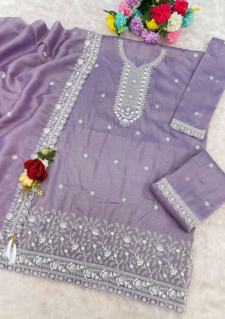 Lavender Embroidered Silk Blend Sharara Set - Indya