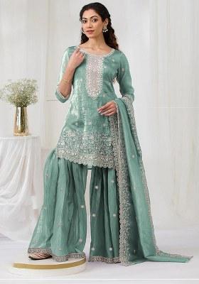 Aqua Blue Embroidery Silk Salwar Suit
