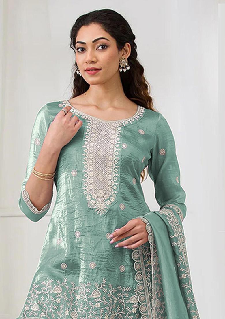 Aqua Blue Embroidery Silk Salwar Suit - Indya