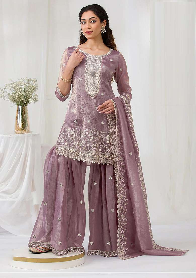 Peach Embroidered Silk Blend Sharara Set - Indya