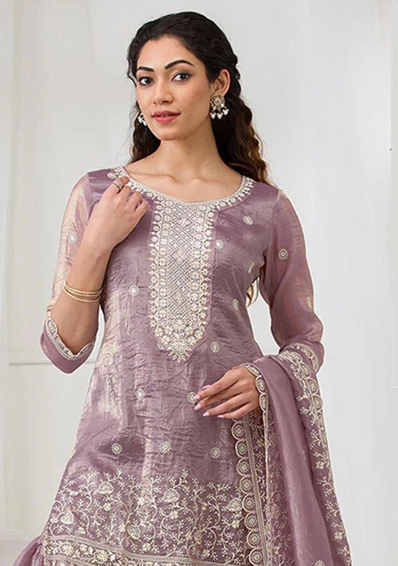Peach Embroidery Silk Salwar Suit - Indya