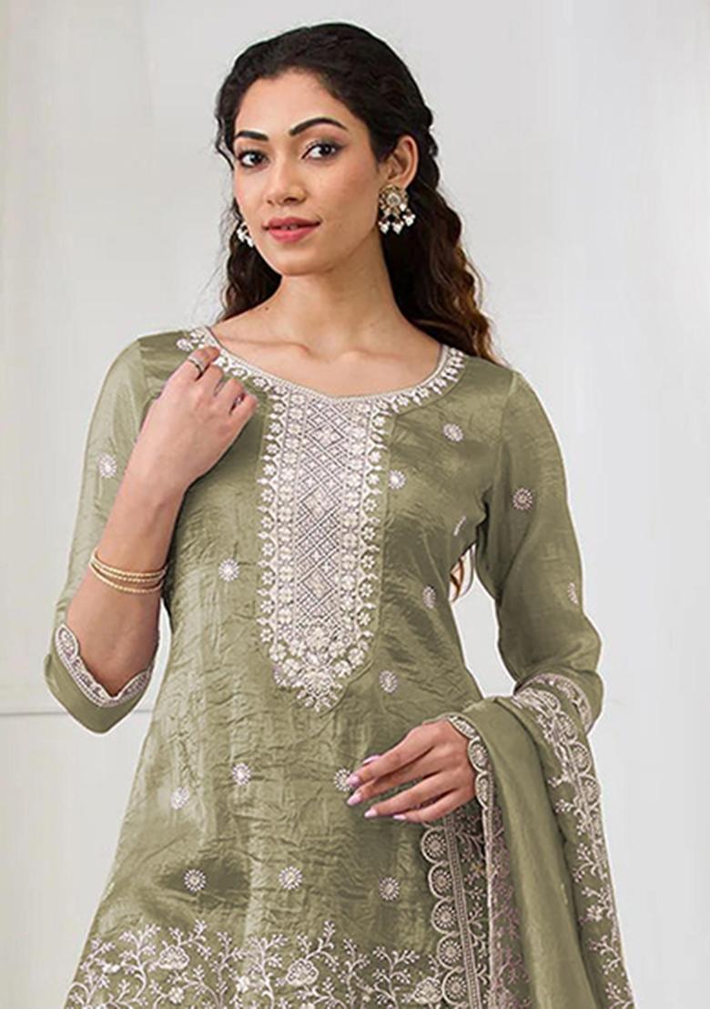 Green Embroidery Silk Salwar Suit - Indya