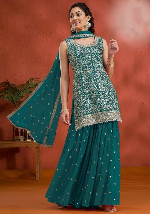 Aqua Blue Embroidery Georgette Salwar Suit