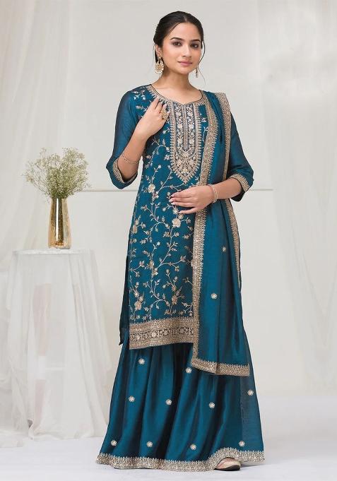 Teal Blue Embroidery Silk Salwar Suit