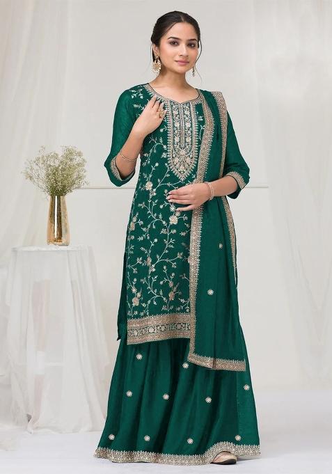 Green Embroidery Silk Salwar Suit