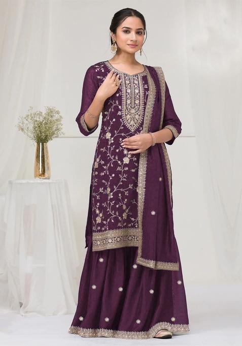Purple Embroidery Silk Salwar Suit