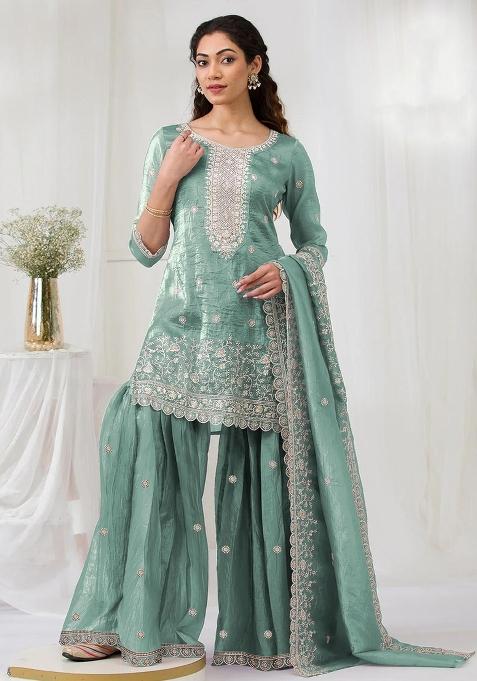 Sky Blue Embroidery Gold Crush Salwar Suit