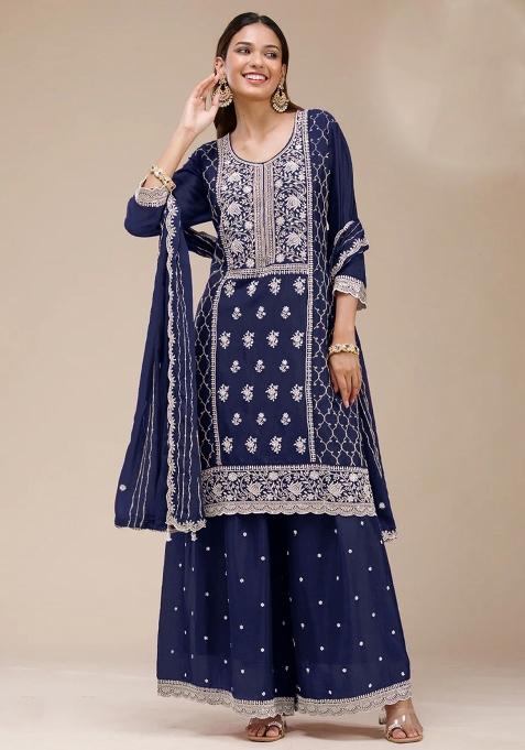 Navy Blue Embroidery Georgette Salwar Suit