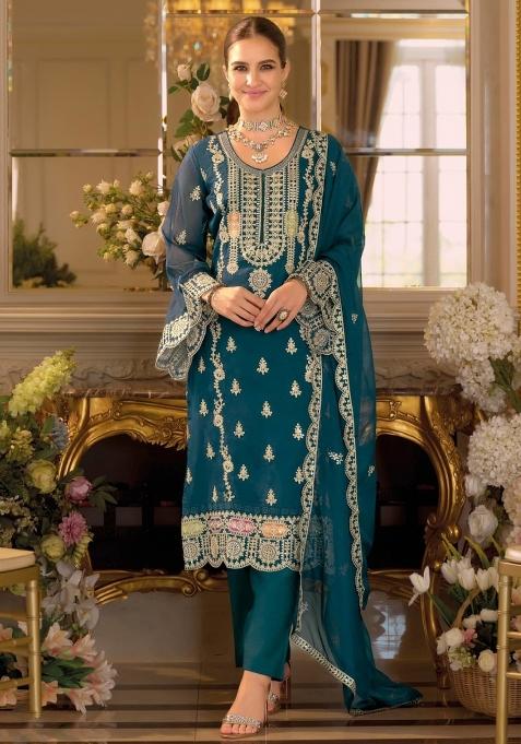 Blue Embroidery Chinon Salwar Suit