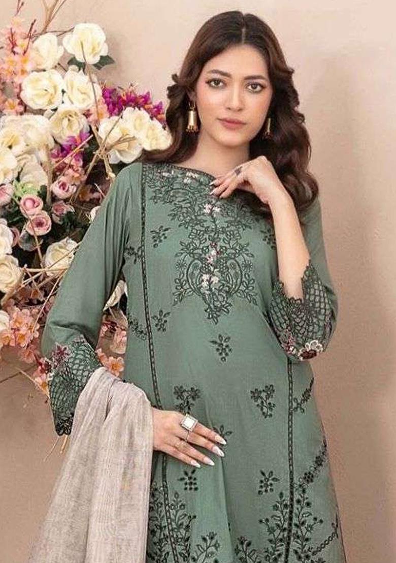 Green Embroidery Cotton Kurta Set - Indya