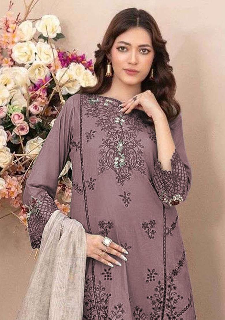 Mauve Embroidery Cotton Kurta Set - Indya