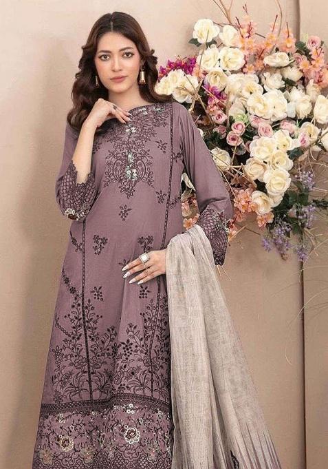 Mauve Embroidery Cotton Kurta Set