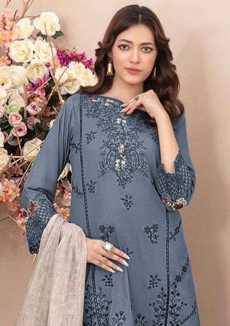 Blue Embroidery Cotton Kurta Set - Indya