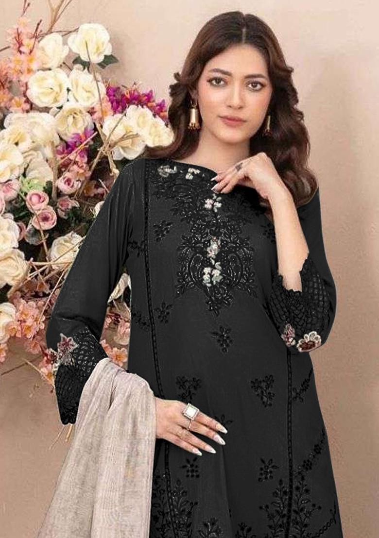 Black Embroidery Cotton Kurta Set - Indya