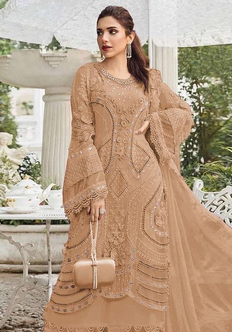 Peach Embroidery Georgette Kurta Set