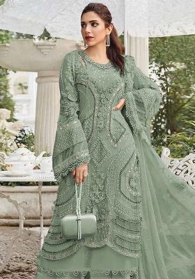 Dark Pista Embroidery Georgette Kurta Set