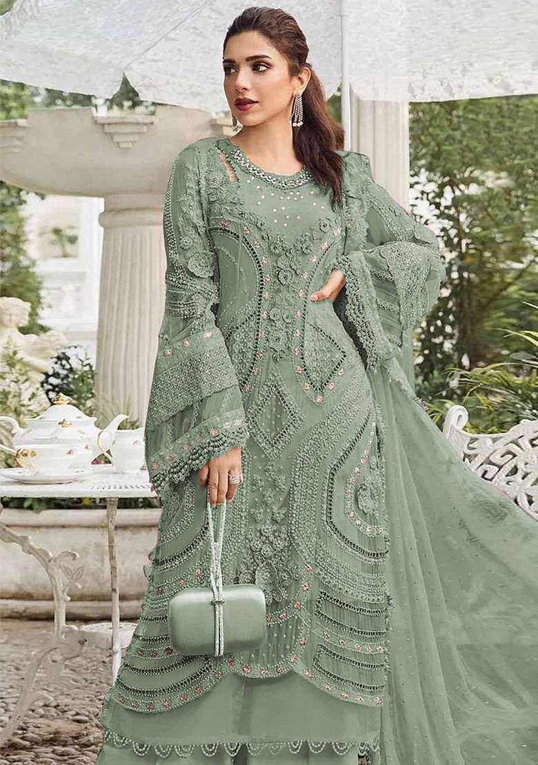 Dark Pista Embroidery Georgette Kurta Set - Indya
