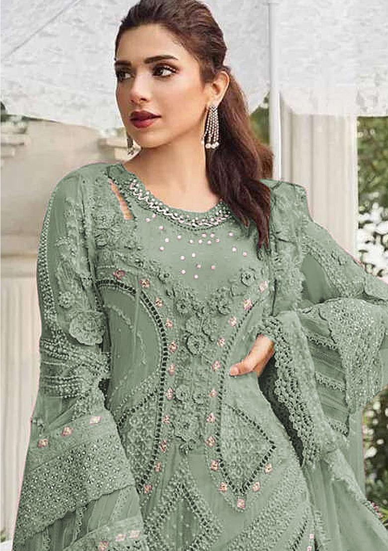 Dark Pista Embroidery Georgette Kurta Set - Indya