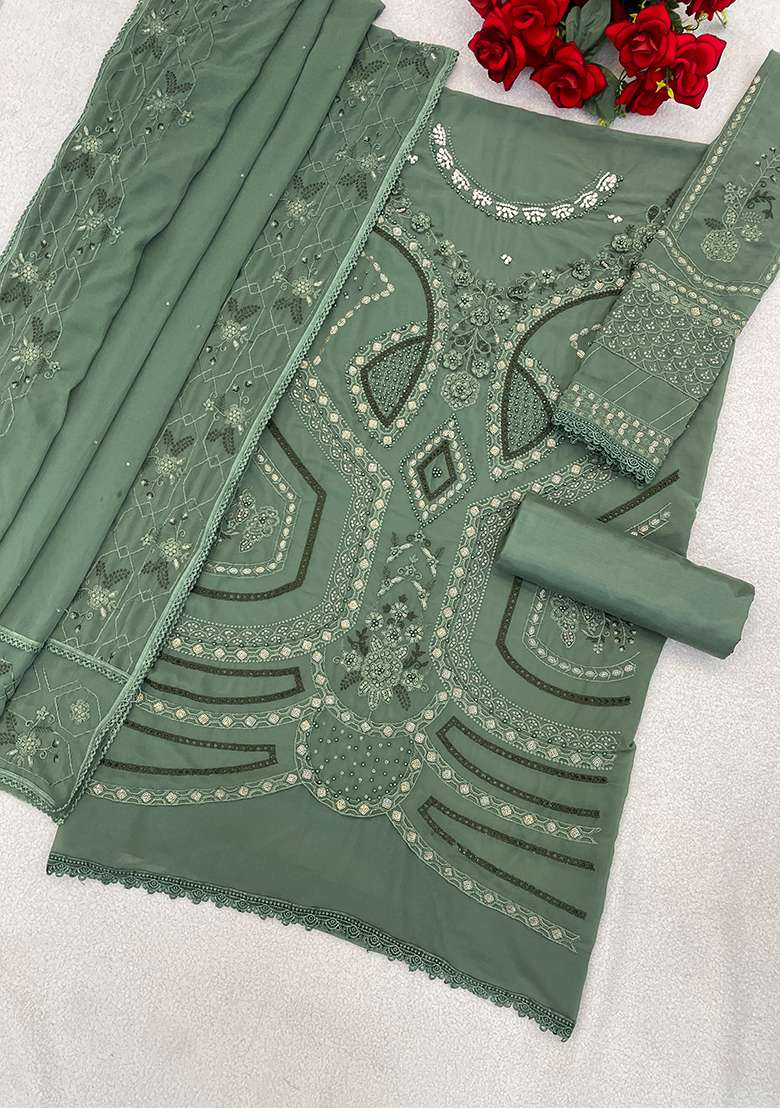 Dark Pista Embroidery Georgette Kurta Set - Indya
