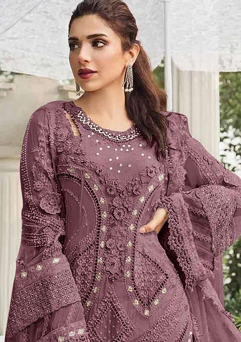 Chocolate Embroidery Georgette Kurta Set - Indya