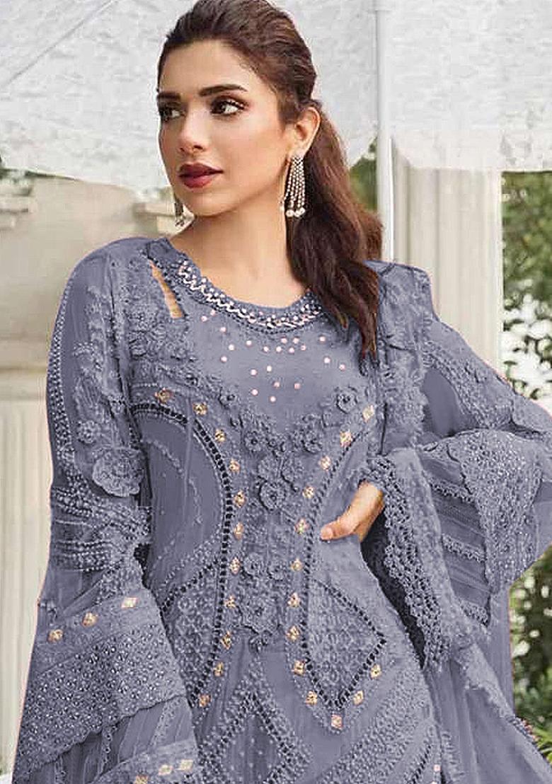 Purple Embroidery Georgette Kurta Set - Indya