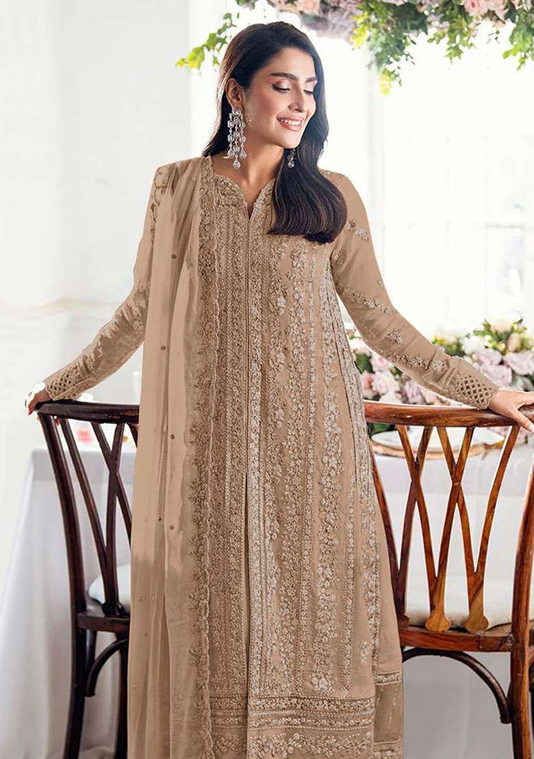 Beige Embroidery Georgette Kurta Set - Indya