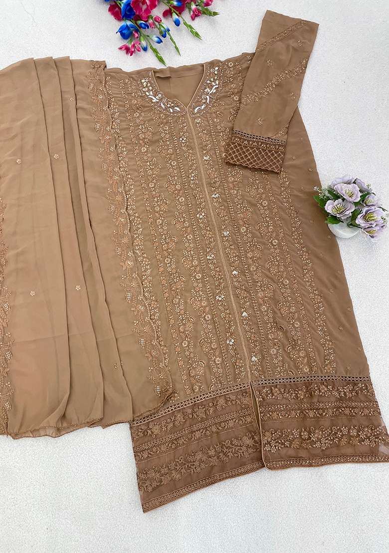 Beige Embroidery Georgette Kurta Set - Indya