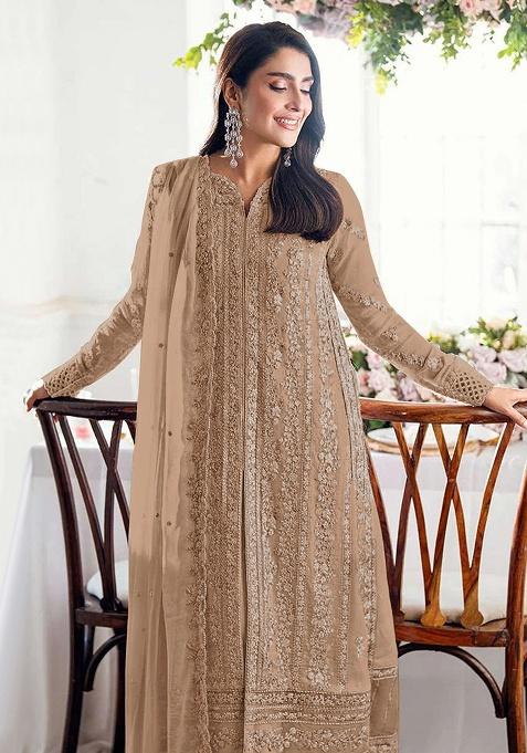 Beige Embroidery Georgette Kurta Set