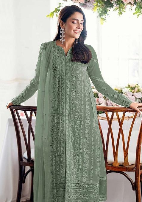 Green Embroidery Georgette Kurta Set