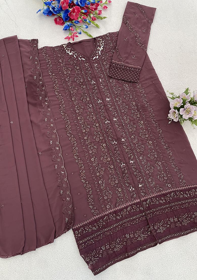 Mauve Embroidery Georgette Kurta Set - Indya