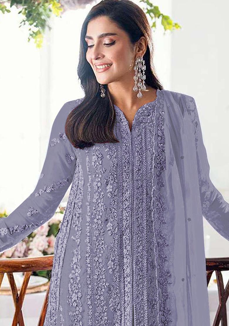 Purple Embroidery Georgette Kurta Set - Indya