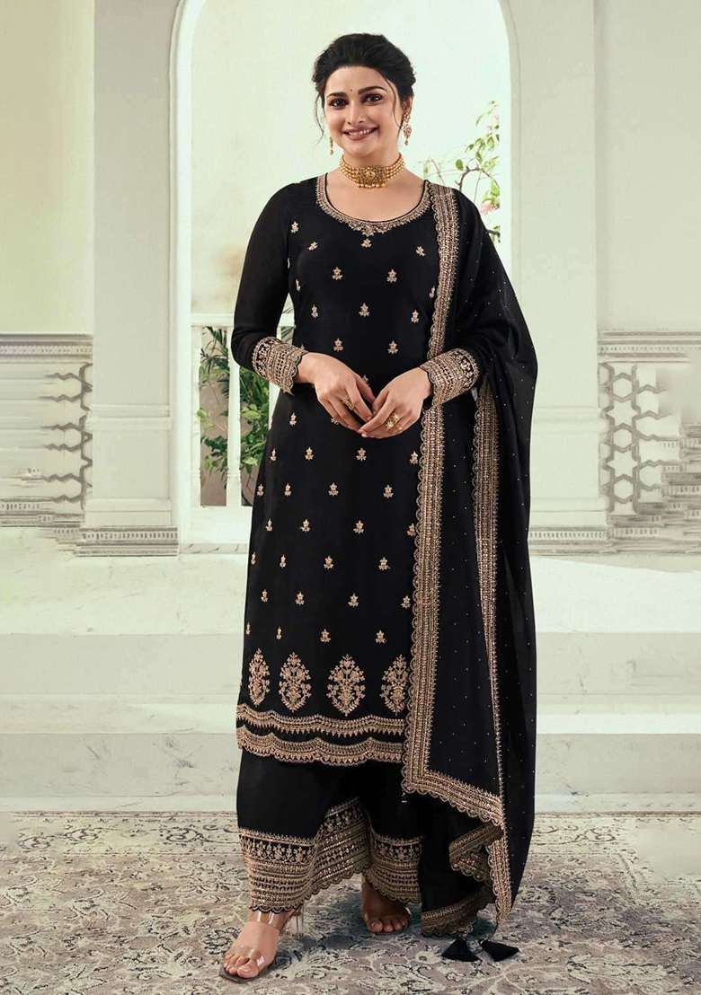Black Embroidered Georgette Pakistani Suit Set - Indya