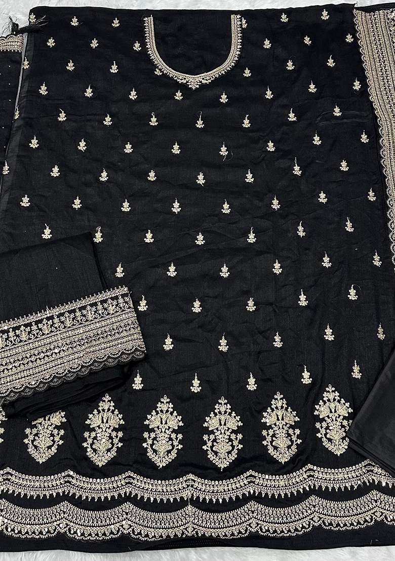 Black Embroidered Georgette Pakistani Suit Set - Indya