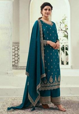 Teal Blue Embroidery Georgette Salwar Kameez