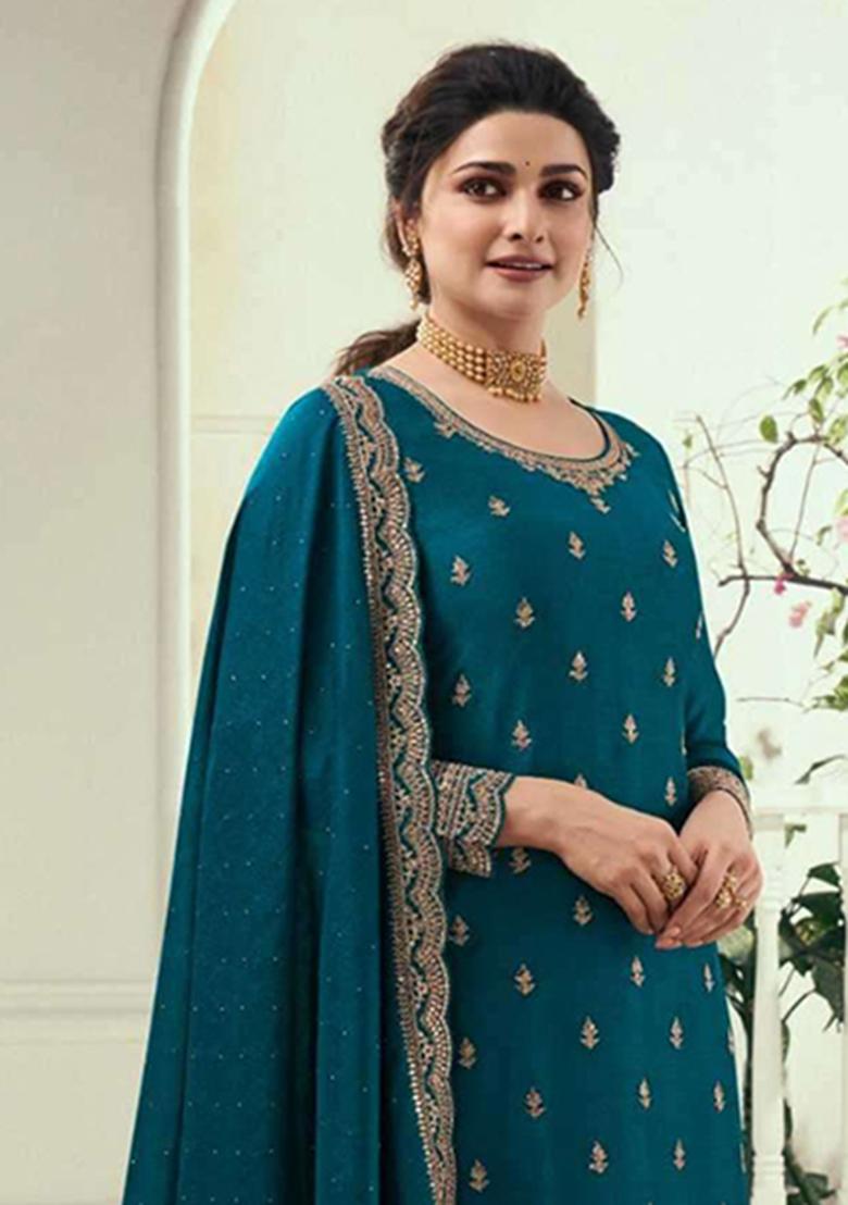 Teal Blue Embroidery Georgette Salwar Kameez - Indya