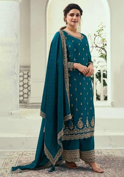 Teal Blue Embroidery Georgette Salwar Kameez