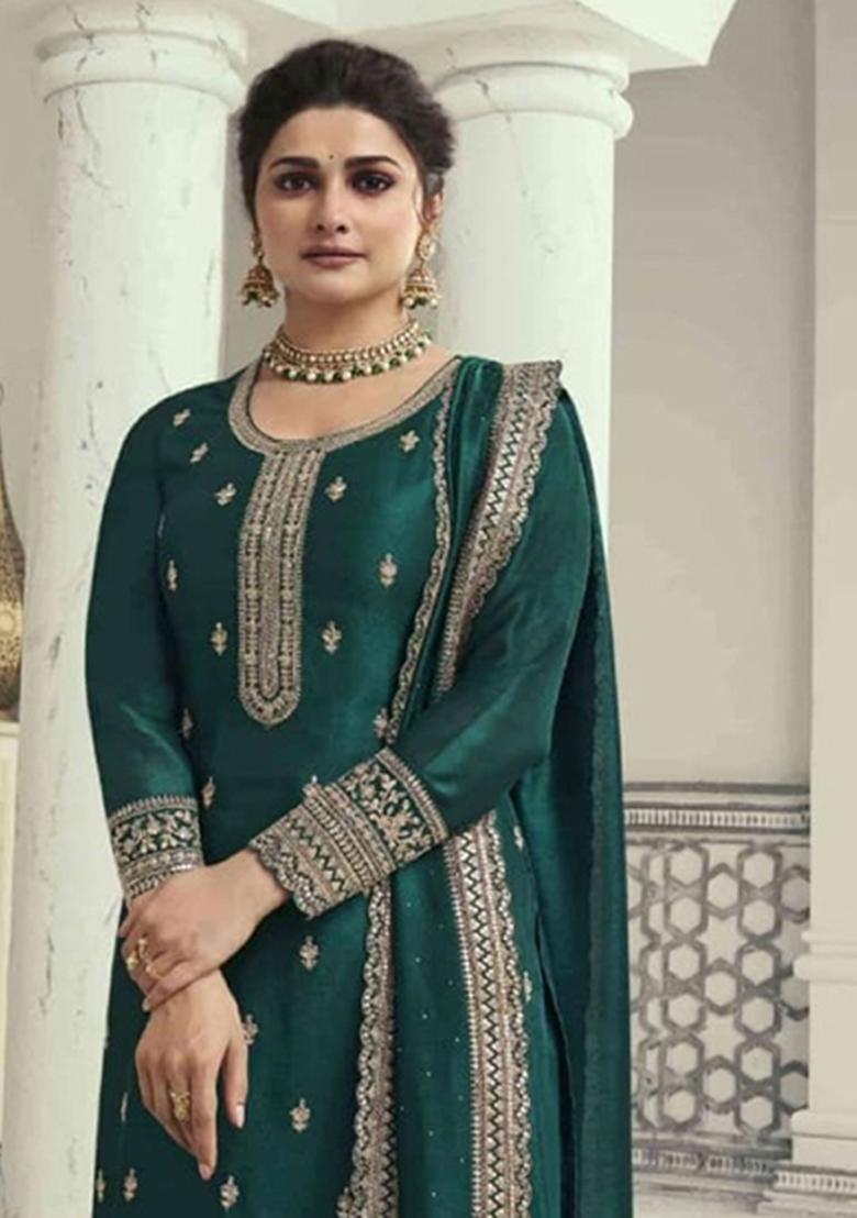 Teal Green Embroidery Georgette Salwar Kameez - Indya