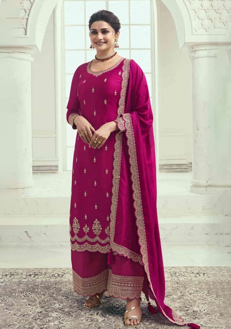 Rani Pink Embroidered Georgette Straight Kurta Set - Indya