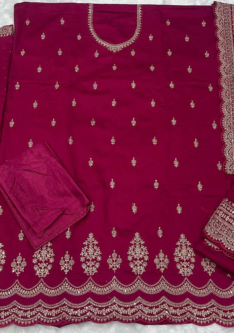 Rani Pink Embroidered Georgette Straight Kurta Set - Indya