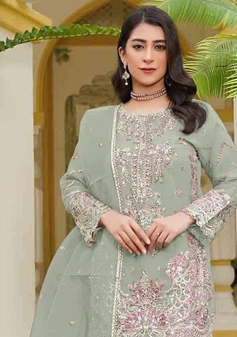 Green Embroidery Georgette Salwar Kameez - Indya