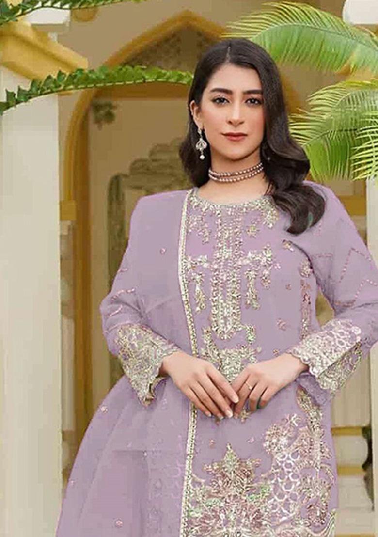 Lavender Embroidery Georgette Salwar Kameez - Indya
