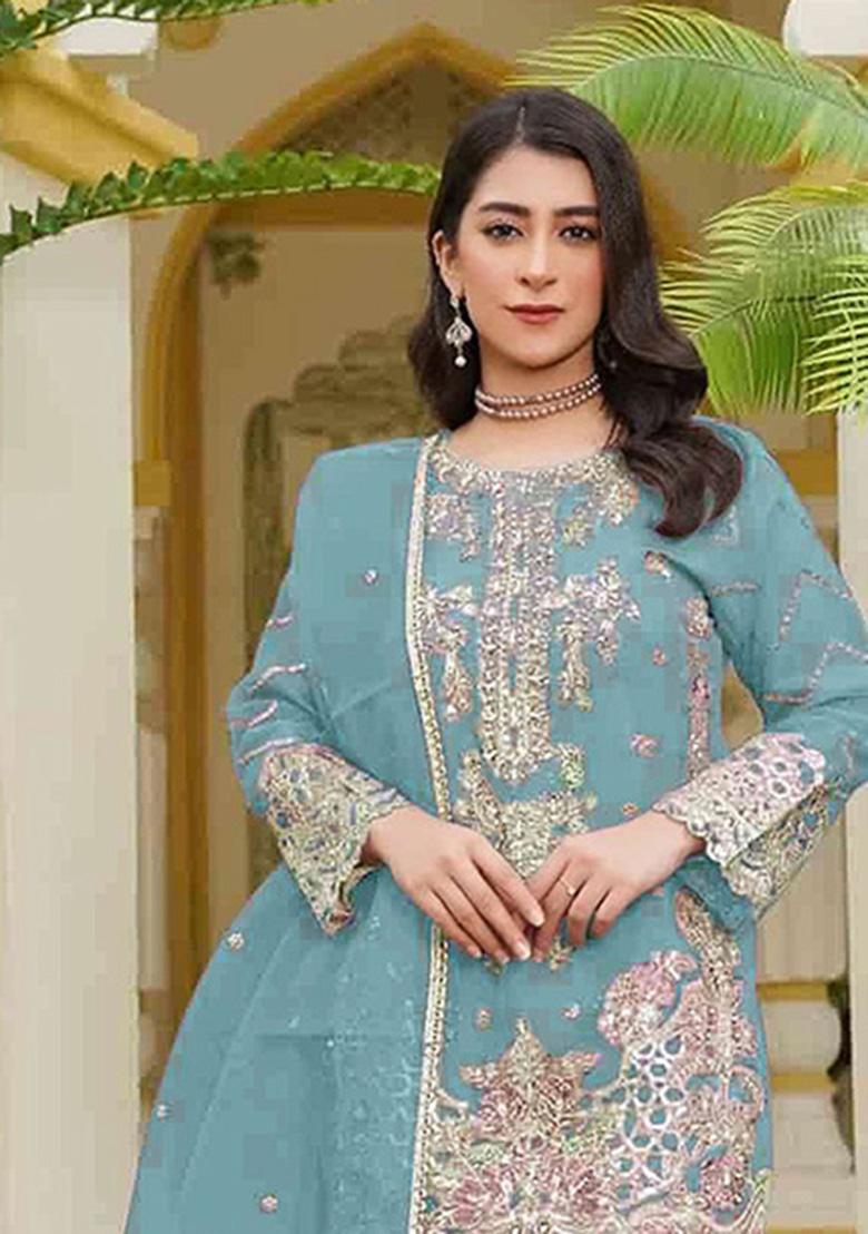 Sky Blue Embroidery Georgette Salwar Kameez - Indya