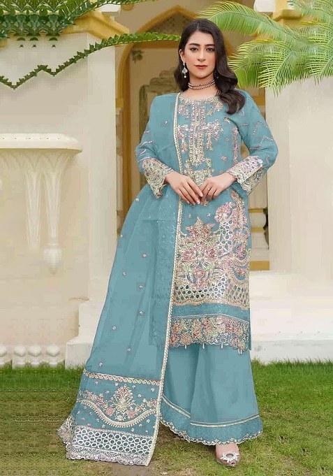 Sky Blue Embroidery Georgette Salwar Kameez