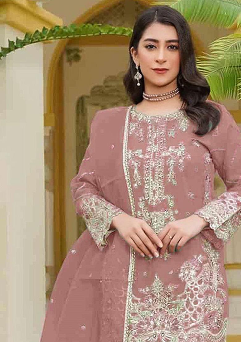 Brown Embroidery Georgette Salwar Kameez - Indya