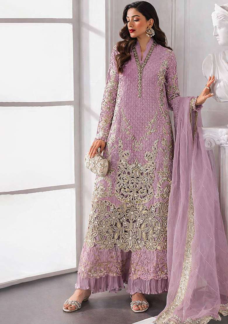 Lavender Embroidery Georgette Salwar Kameez - Indya