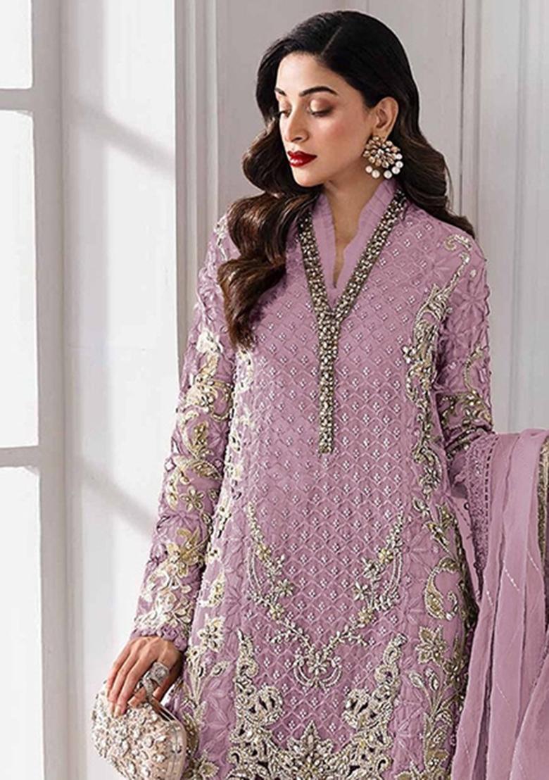 Lavender Embroidery Georgette Salwar Kameez - Indya