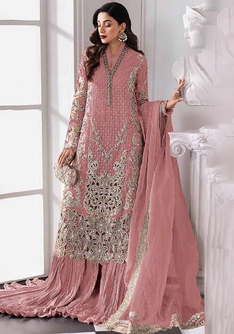 Peach Embroidery Georgette Salwar Kameez