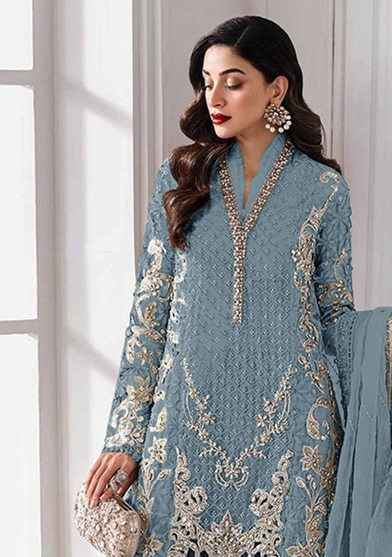 Blue Embroidery Georgette Salwar Kameez - Indya