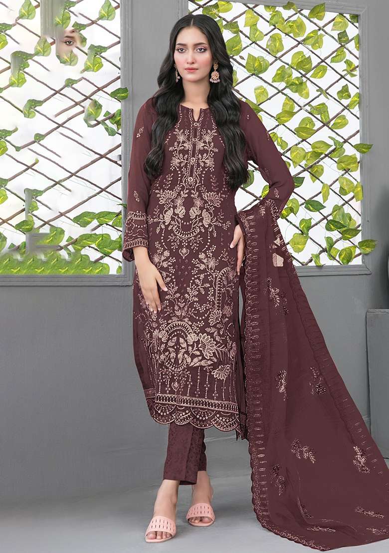 Maroon Embroidered Georgette Pakistani Suit Set - Indya