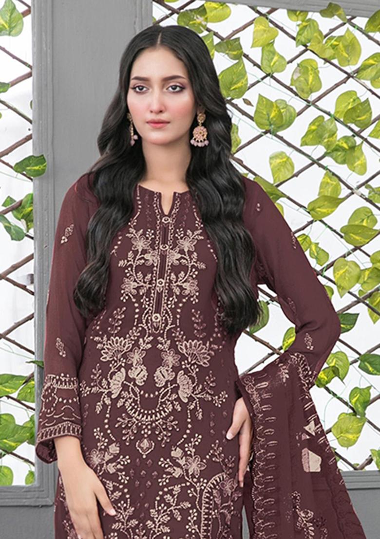 Maroon Embroidery Georgette Salwar Kameez - Indya